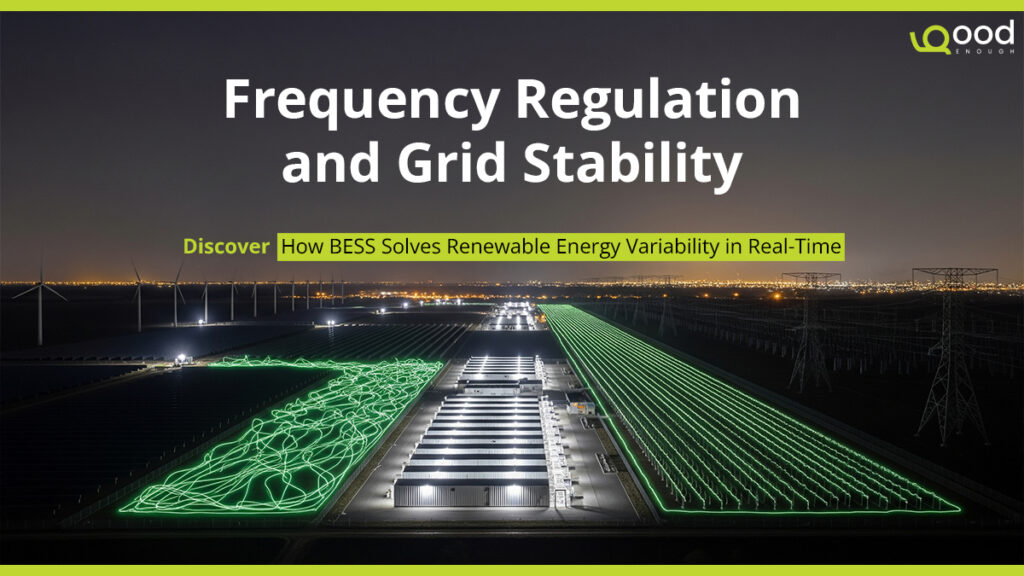Battery Energy Storage System (BESS) facility supporting renewable energy integration for grid frequency regulation and stability at night.