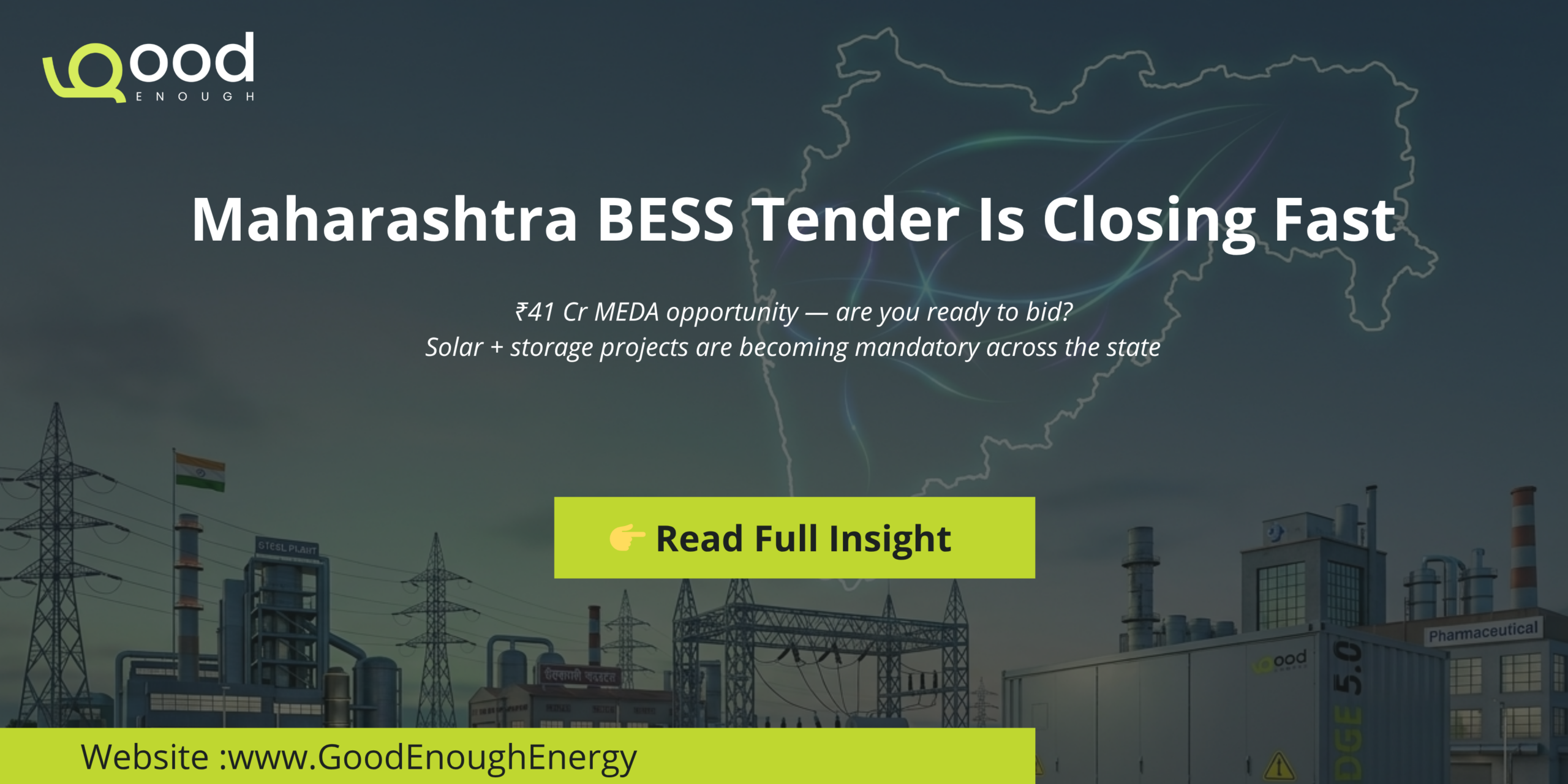 Maharashtra BESS tender by MEDA worth ₹41 Cr for solar plus battery storage projects across industrial and rural applications