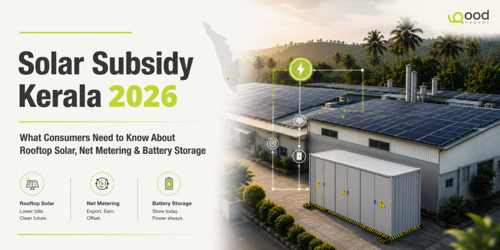 Industrial rooftop solar installation in Kerala with battery energy storage system and net metering visuals, highlighting solar subsidy benefits in Kerala for 2026.