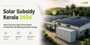 Industrial rooftop solar installation in Kerala with battery energy storage system and net metering visuals, highlighting solar subsidy benefits in Kerala for 2026.