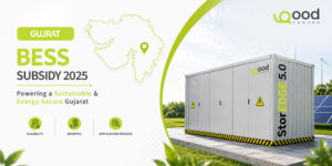 Gujarat BESS Subsidy 2025 banner featuring Good Enough Energy’s StorEdge 5.0 battery energy storage system with solar panels and Gujarat state map.