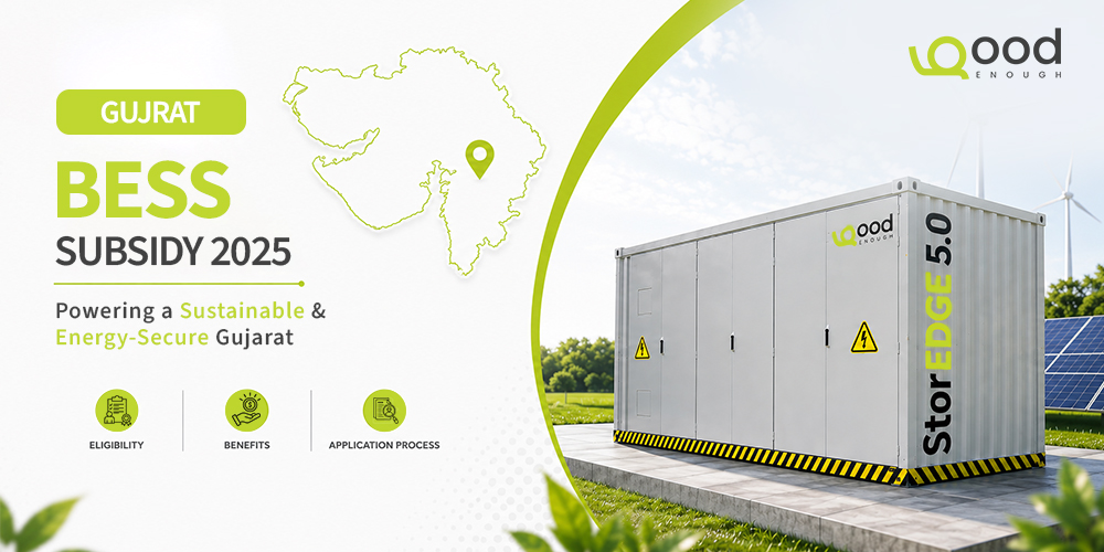 Gujarat BESS Subsidy 2025 banner featuring Good Enough Energy’s StorEdge 5.0 battery energy storage system with solar panels and Gujarat state map.