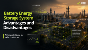 Industrial facility with solar panels and battery energy storage system infrastructure illustrating the advantages and disadvantages of BESS for Indian industries.