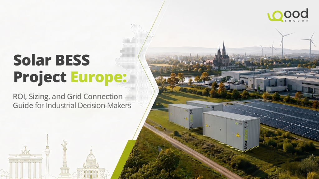 Solar BESS project in Europe featuring battery energy storage systems integrated with a solar power plant for industrial energy management.