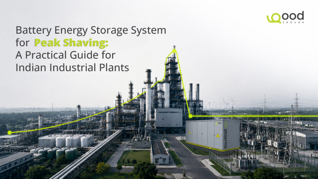 Battery Energy Storage System in Rajasthan featuring GoodEnough Energy's StorEDGE 5.0 with solar panels and industrial infrastructure in the background.