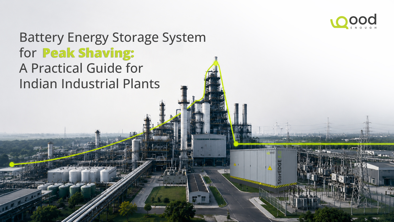 Battery Energy Storage System in Rajasthan featuring GoodEnough Energy's StorEDGE 5.0 with solar panels and industrial infrastructure in the background.