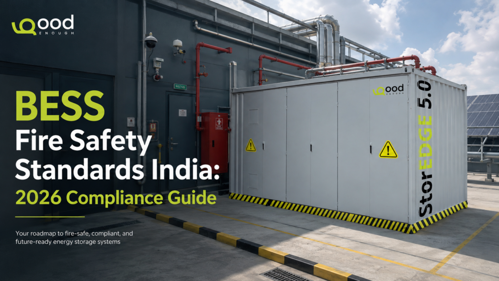 Battery Energy Storage System (BESS) at an industrial facility illustrating fire safety standards, compliance requirements, and fire protection infrastructure in India for 2026.