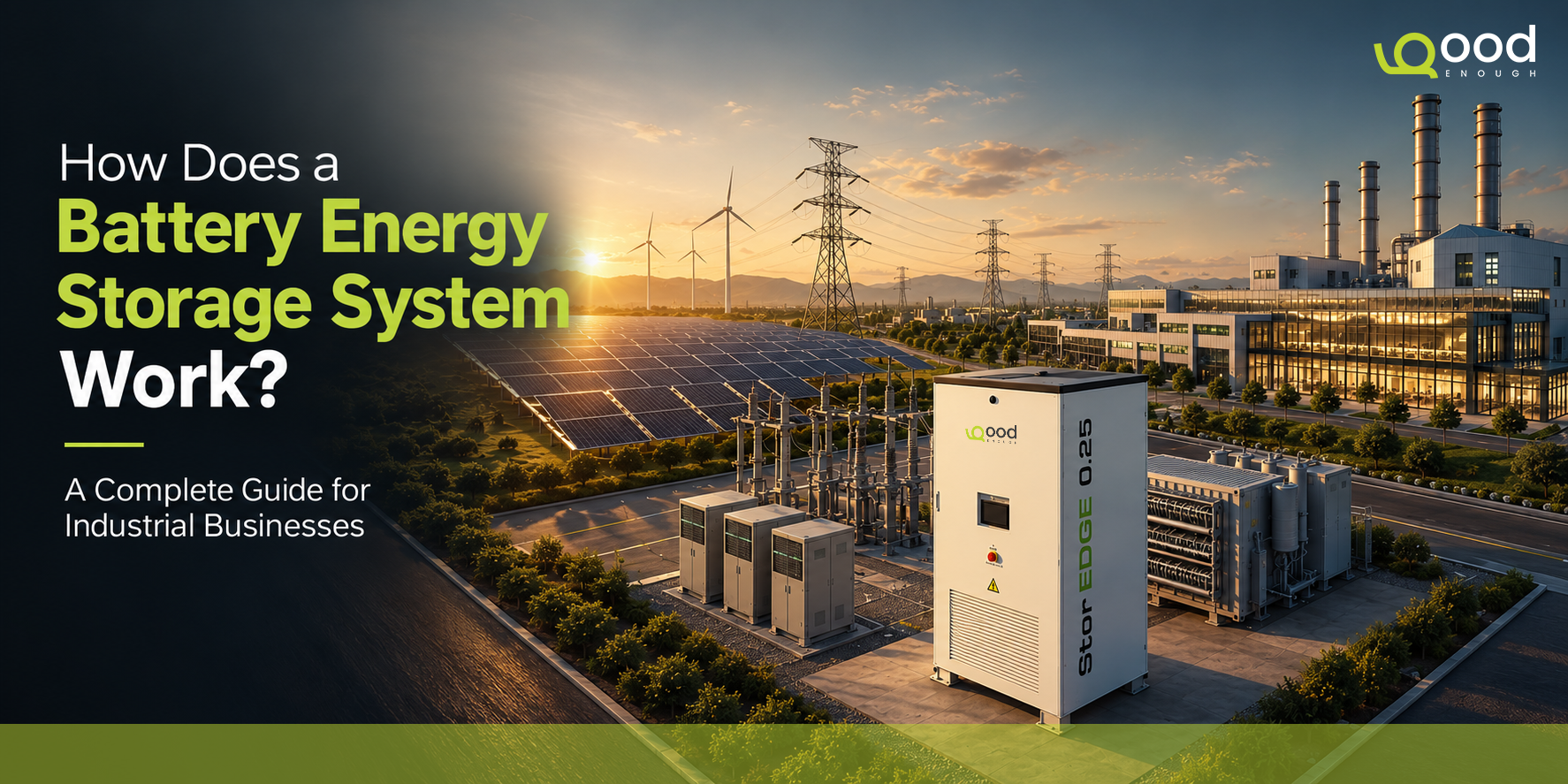 Industrial Battery Energy Storage System (BESS) integrated with solar panels and power infrastructure demonstrating how battery storage works.