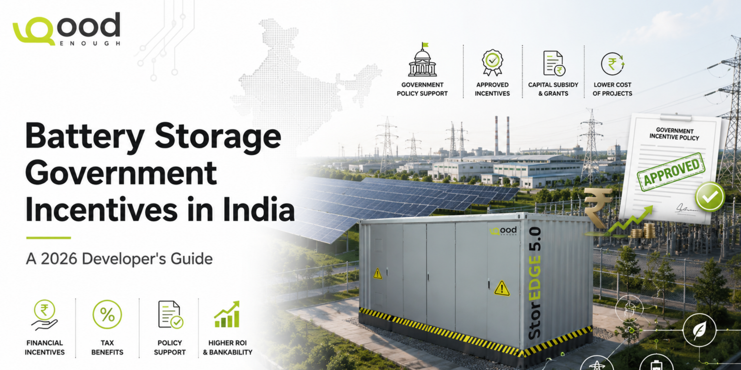 Battery storage government incentives in India 2026 with BESS, solar energy and policy benefits