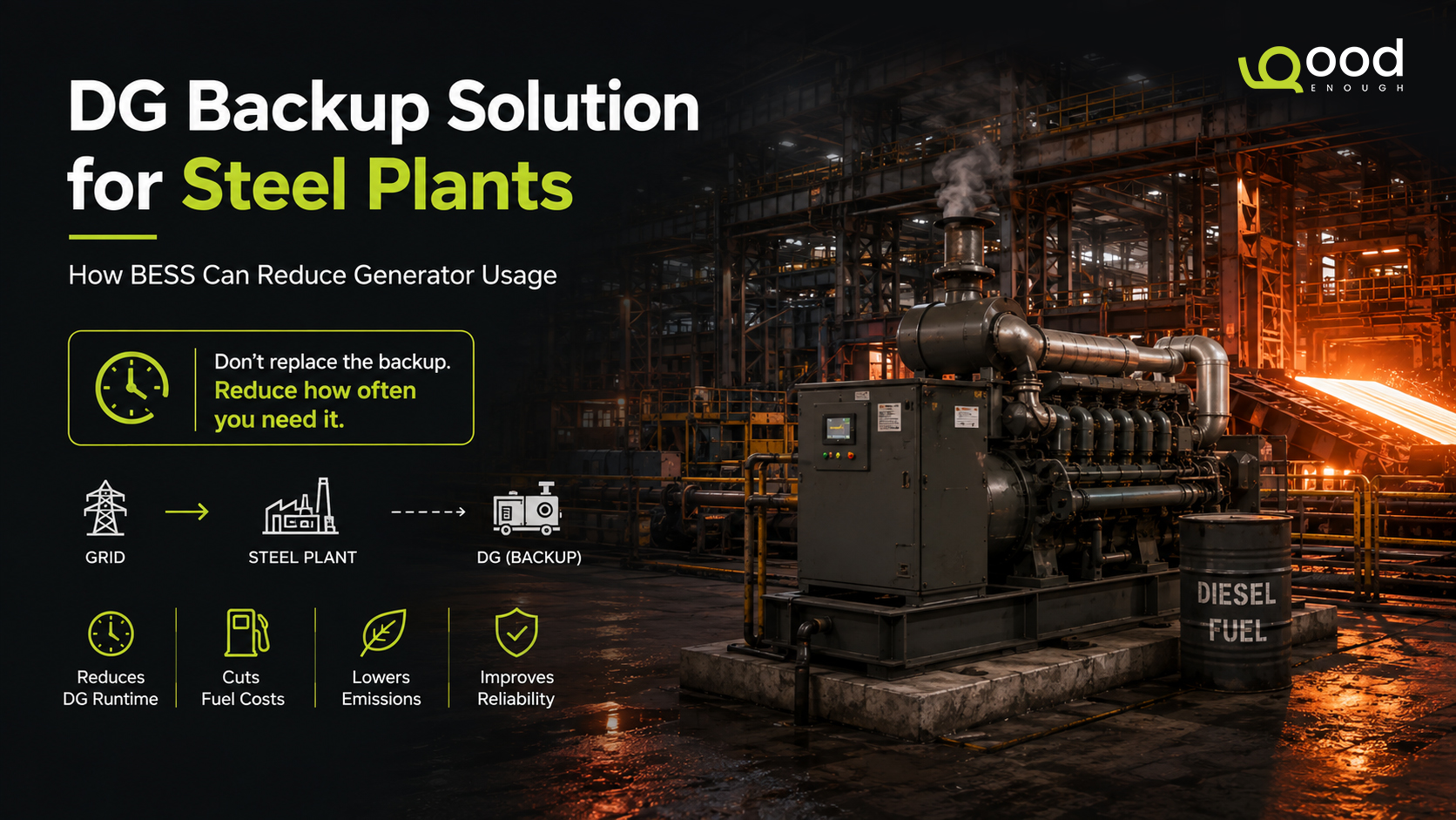 DG backup solution for steel plants with BESS and diesel generator