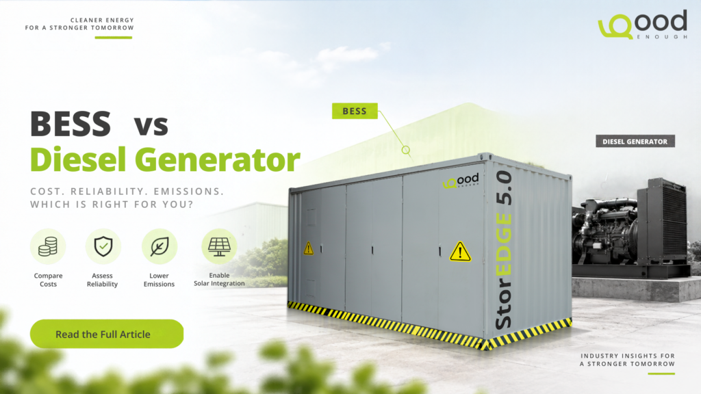 StorEDGE 5.0 Battery Energy Storage System (BESS) compared with a diesel generator for industrial backup power, highlighting cost, reliability, emissions and solar integration.