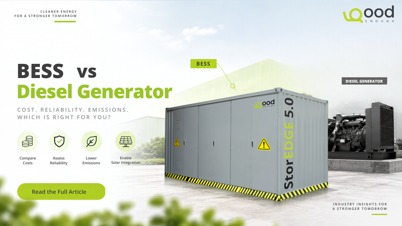 StorEDGE 5.0 Battery Energy Storage System (BESS) compared with a diesel generator for industrial backup power, highlighting cost, reliability, emissions and solar integration.