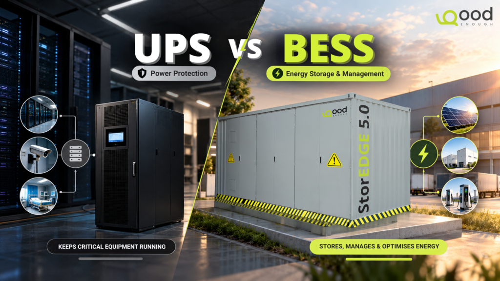 UPS vs BESS comparison showing a UPS system for critical power protection and GoodEnough Energy StorEDGE 5.0 BESS for energy storage and management